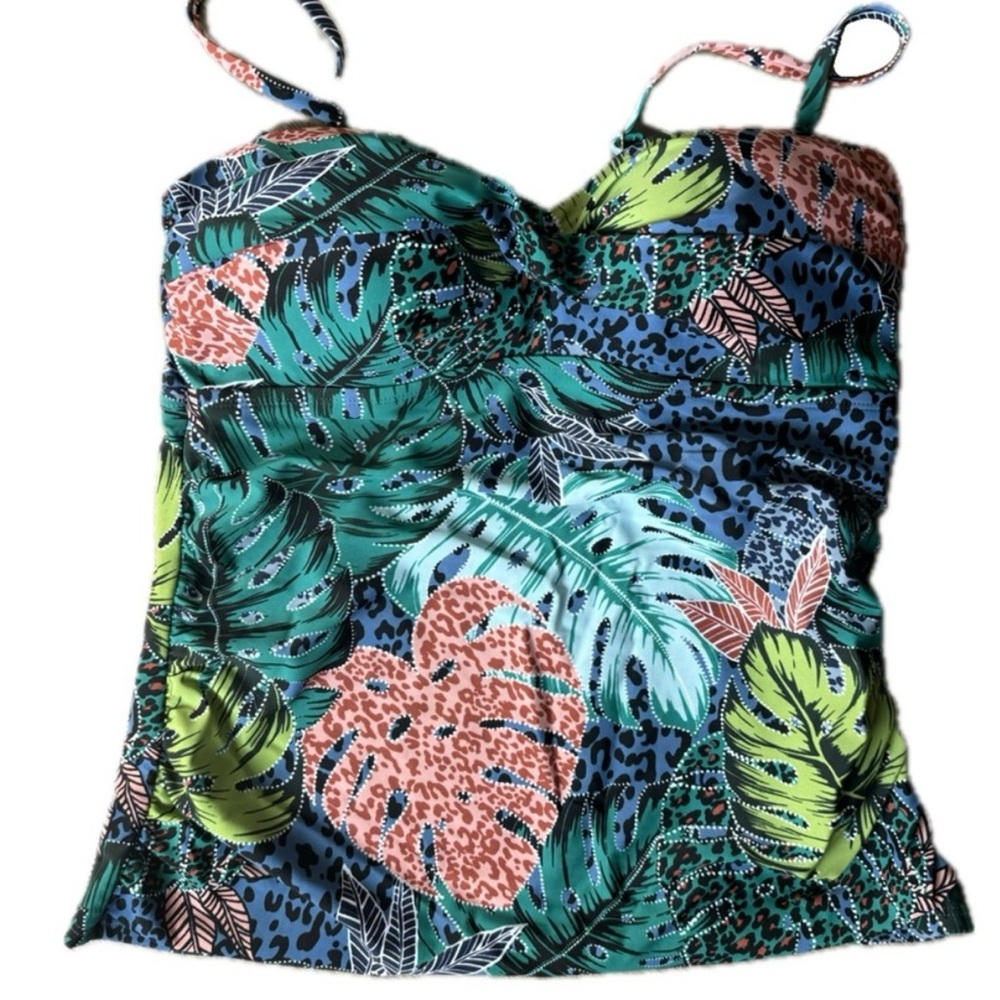 New Directions Tropical Tankini Swimsuit Top – Blue & Green Print – Size M